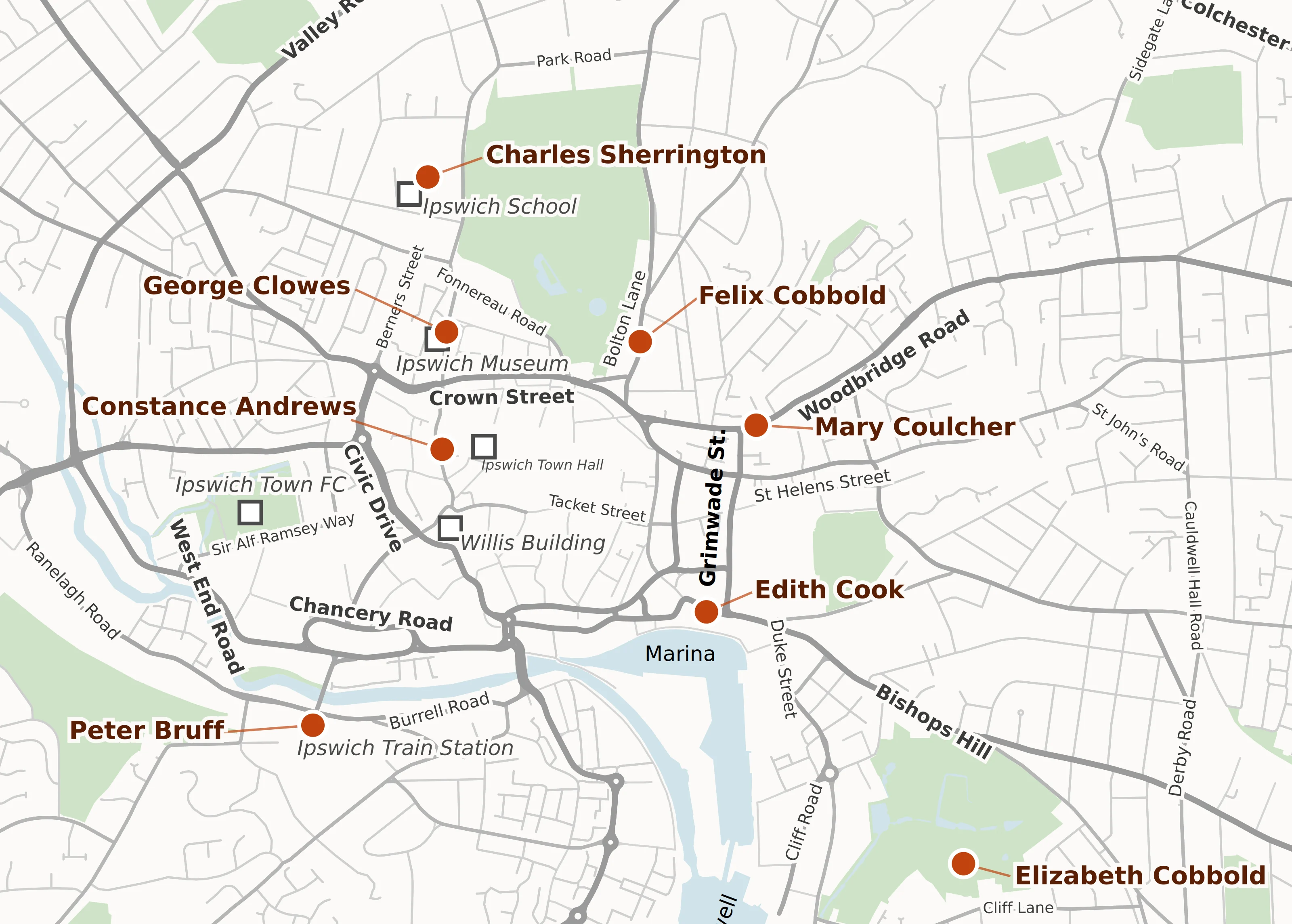 Illustrated map of Ipswich showing the eight Trail Makers blue plaque locations